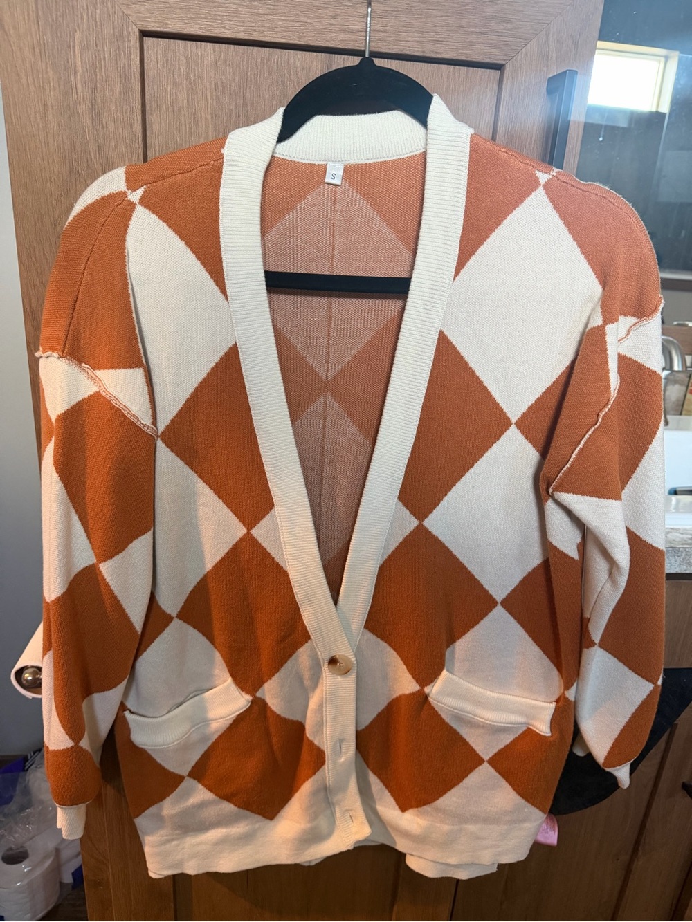 Rust Cream Argyle Oversized Cardigan Sweater Size Small